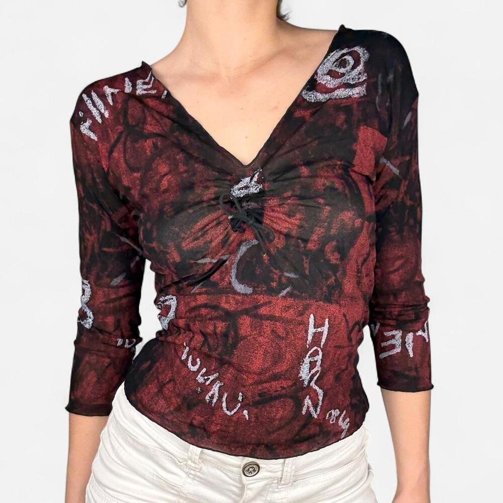 Mesh graphic y2k quarter sleeve top red black from Cache Cache size 4
